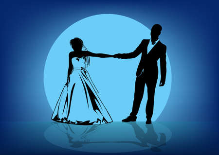 Silhouettes of the bride and groom holding each other by the hand against the background of the moon - vectorのイラスト素材