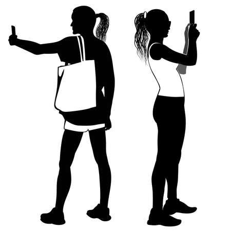 Silhouettes of women taking pictures during their tripのイラスト素材