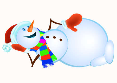 Lying Snowman in red mittens and striped scarf on white background - vectorのイラスト素材