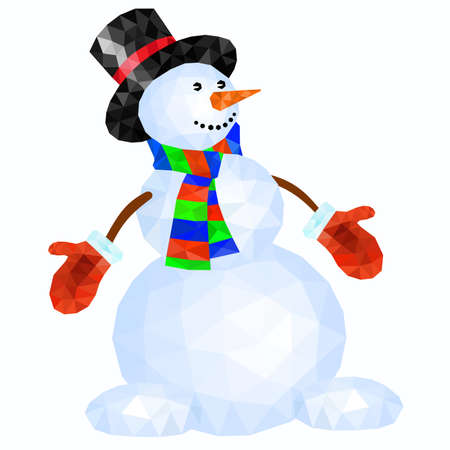 Polygonal snowman in red mittens and striped scarf on white background - vectorのイラスト素材