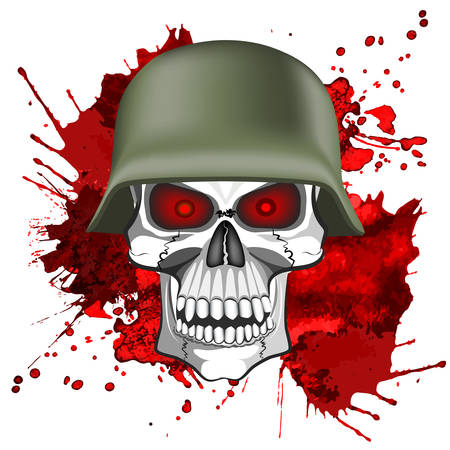 Abstract image of a human skull in an army helmet on a bloody background.のイラスト素材