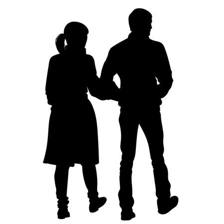Silhouette of a girl and a young man walking alongside hand in hand.のイラスト素材