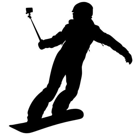 Black silhouette of a snowboarder descending the mountain slope with action camera - vector illustrationのイラスト素材