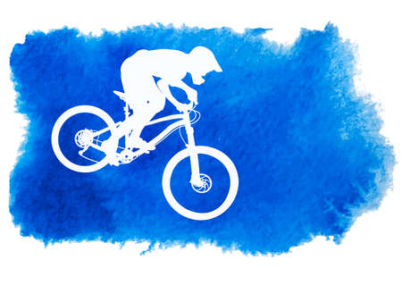 Silhouette of a biker descending on a mountain bike on a slope - vector illustration