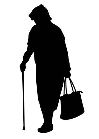 Silhouette of an elderly woman with a cane and a bag - vectorのイラスト素材