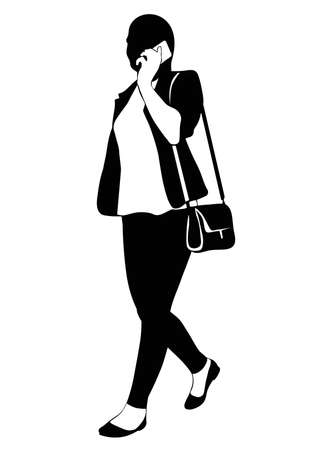 Silhouette of a walking woman in a trouser suit and talking on the phoneのイラスト素材