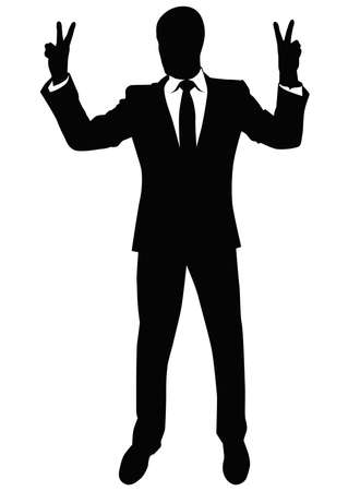 Silhouette of a man in a business suit showing a gesture of victory - vectorのイラスト素材
