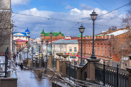 TOMSK, RUSSIA - MARCH 1, 2019. The main street of the city of Tomsk with old buildingsのeditorial素材