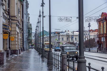 TOMSK, RUSSIA - MARCH 17, 2019. The main street of the city of Tomsk with old buildingsのeditorial素材