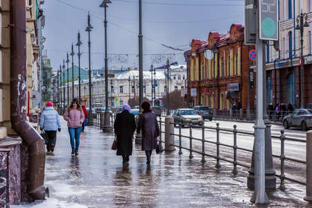 TOMSK, RUSSIA - MARCH 17, 2019. The main street of the city of Tomsk with old buildingsのeditorial素材