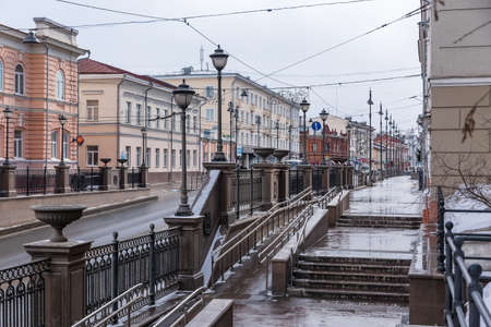 TOMSK, RUSSIA - MARCH 17, 2019. The main street of the city of Tomsk with old buildingsのeditorial素材