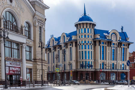 TOMSK, RUSSIA - MARCH 17, 2019. The main street of the city of Tomsk with old buildingsのeditorial素材
