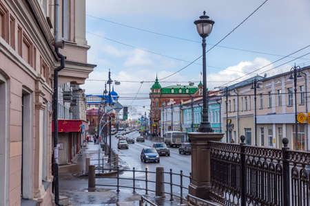 TOMSK, RUSSIA - MARCH 17, 2019. The main street of the city of Tomsk with old buildingsのeditorial素材