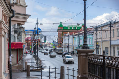 TOMSK, RUSSIA - MARCH 17, 2019. The main street of the city of Tomsk with old buildingsのeditorial素材