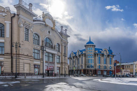 TOMSK, RUSSIA - MARCH 17, 2019. The main street of the city of Tomsk with old buildingsのeditorial素材
