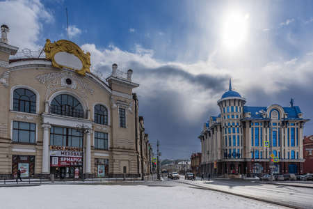 TOMSK, RUSSIA - MARCH 17, 2019. The main street of the city of Tomsk with old buildingsのeditorial素材