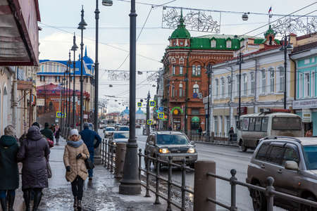 TOMSK, RUSSIA - MARCH 17, 2019. The main street of the city of Tomsk with old buildingsのeditorial素材