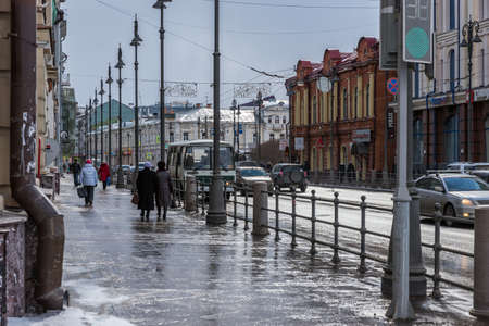 TOMSK, RUSSIA - MARCH 17, 2019. The main street of the city of Tomsk with old buildingsのeditorial素材