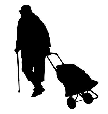 Silhouette of an elderly woman with a cane and a bag - vectorのイラスト素材