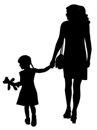 Silhouette of a woman walking hand in hand with her daughterのイラスト素材