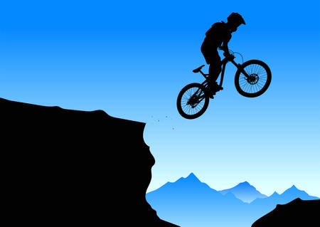 Silhouette of a jumping cyclist on an abstract mountain background. - vector