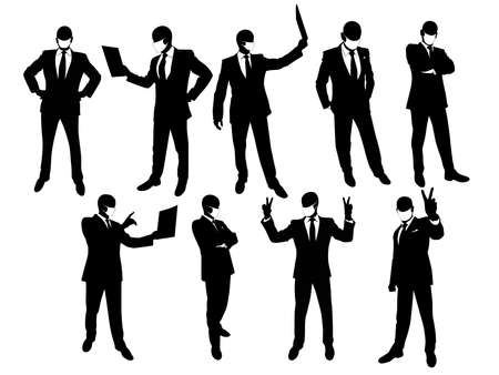 Set of silhouettes of a man in a business suit and medical mask.のイラスト素材