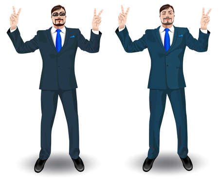 Man in a business suit demonstrates victory gesture - vector illustrationのイラスト素材