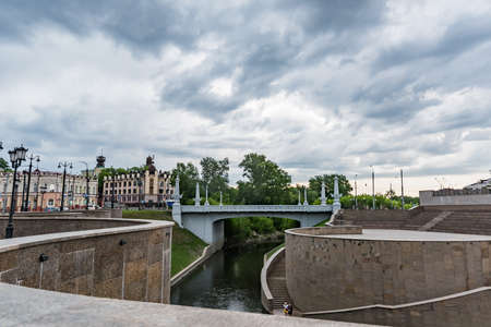 Tomsk/Russia - May 18, 2020. The embankment of the Ushayka river and the old bridge in the Governors district of Tomskのeditorial素材
