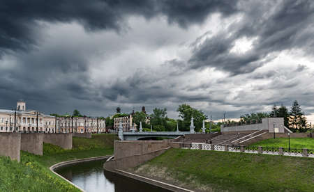 Tomsk/Russia - May 18, 2020. The embankment of the Ushayka river and the old bridge in the Governors district of Tomskのeditorial素材