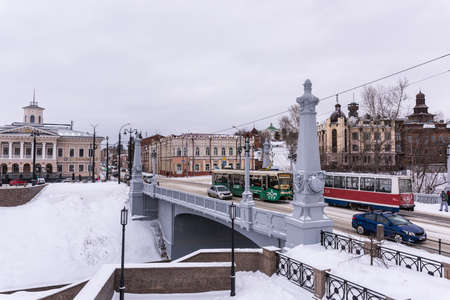 Tomsk/Russia - March 8, 2020. The embankment of the Ushayka river and the old bridge in the Governors district of Tomskのeditorial素材