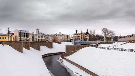Tomsk/Russia - March 8, 2020. The embankment of the Ushayka river and the old bridge in the Governors district of Tomskのeditorial素材
