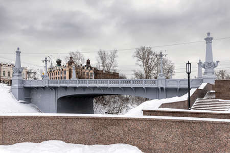 Tomsk/Russia - March 8, 2020. The embankment of the Ushayka river and the old bridge in the Governor's district of Tomskのeditorial素材