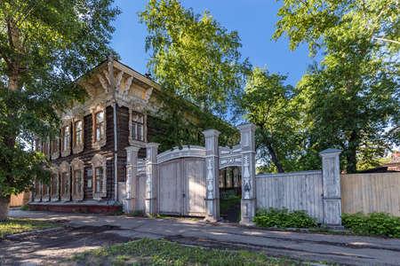 Tomsk/Russia - May 24, 2020. Monument of wooden architecture. The residential building on Shishkova-14 Street was built in 1917.のeditorial素材