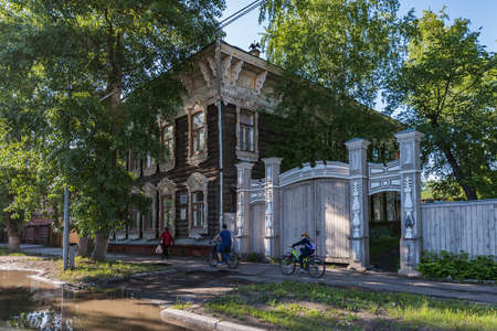 Tomsk/Russia - May 24, 2020. Monument of wooden architecture. The residential building on Shishkova-14 Street was built in 1917.のeditorial素材