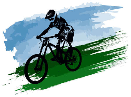Silhouette of a biker descending on a mountain bike on a slope - vector illustrationのイラスト素材