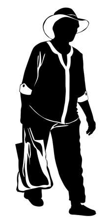 Silhouette of a walking elderly woman in a hat and a bag in her hands - vectorのイラスト素材