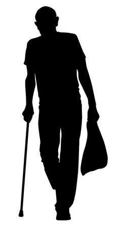 Silhouette of an elderly man with a cane and a package in his hands - vector illustrationのイラスト素材