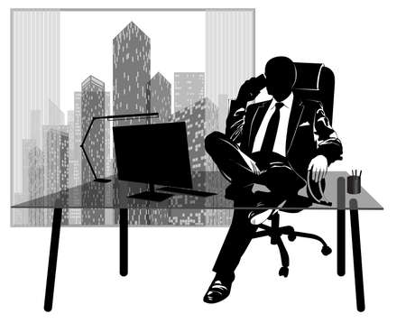 Silhouette of a businessman talking on the phone at his desk against the background of a window with skyscrapers - vectorのイラスト素材