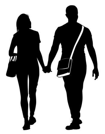 Silhouette of a young man walking hand in hand with a girl - vector illustrationのイラスト素材