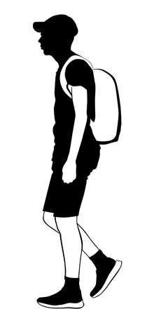 Silhouette of a young man walking in summer clothes with a backpack behind his back - vector illustrationのイラスト素材
