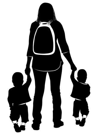 Silhouette of a young mother leading the hands of her children -vector illustrationのイラスト素材