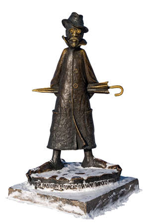 Tomsk / Russia - February 19, 2021. Monument to the Russian writer AP Chekhov on the embankment of the Tom River isolated on whiteのeditorial素材