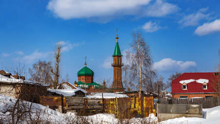 Tomsk, Russia - March 12, 2021. Cathedral mosque made of red brick in the old district of Tomskのeditorial素材