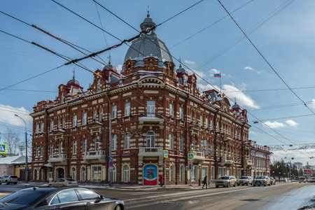 Tomsk, Russia - March 12, 2021. Regional cultural heritage site. The building of the former trading house Kuhterin and Sons.のeditorial素材