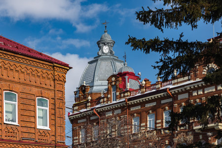 Tomsk, Russia - March 12, 2021. Regional cultural heritage site. The building of the former trading house Kuhterin and Sonsのeditorial素材