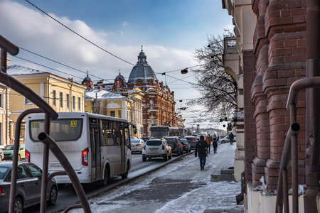 Tomsk, Russia - March 12, 2021. The central part of the city of Tomsk - Lenin Avenueのeditorial素材