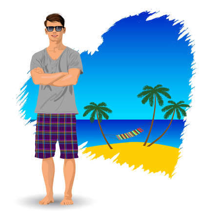 Image of a young man on vacation at sea vector illustrationのイラスト素材