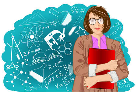 Image of abstract female teacher on the background of educational symbols vector illustrationのイラスト素材