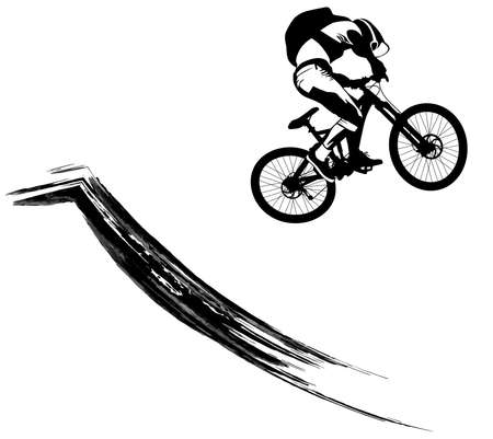 Black and white image of a cyclist jumping on a bike from a slope vector illustrationのイラスト素材