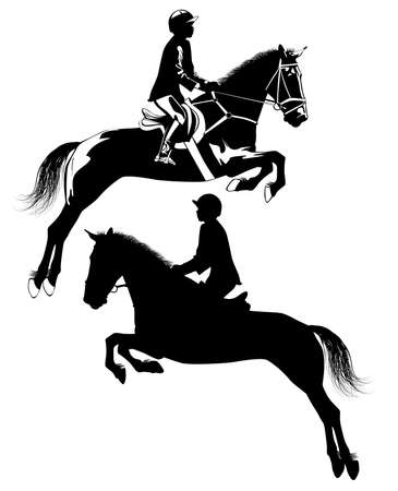 Black and white image of a girl riding a jumping horse vector illustrationのイラスト素材